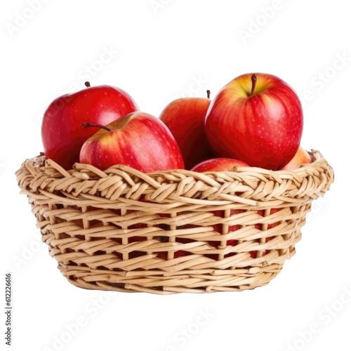 Illustration of wicker basket full of fresh ripe red apples isolated on transparent background. PNG clip art element. Generated with AI.