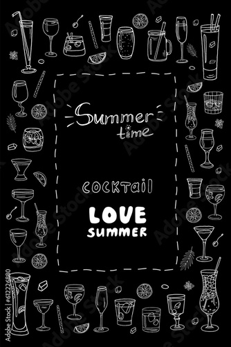 Rectangular frame clipart with acoholic and non-acoholic cocktails with text for bar menu design, banners, packaging or advertising. Simple, modern vector illustration. Isolated on black background. 