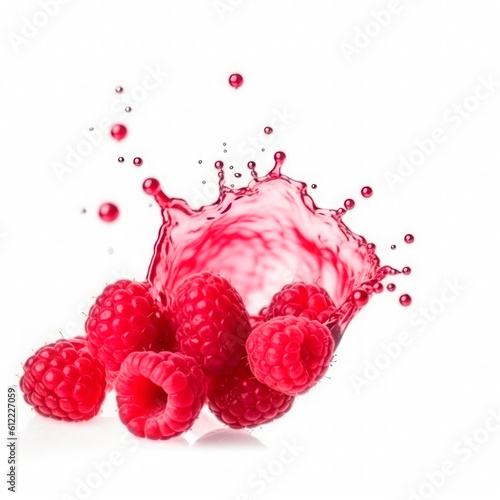 Raspberries into of burst splashes of juices on white. Vector illustration. Generative AI.