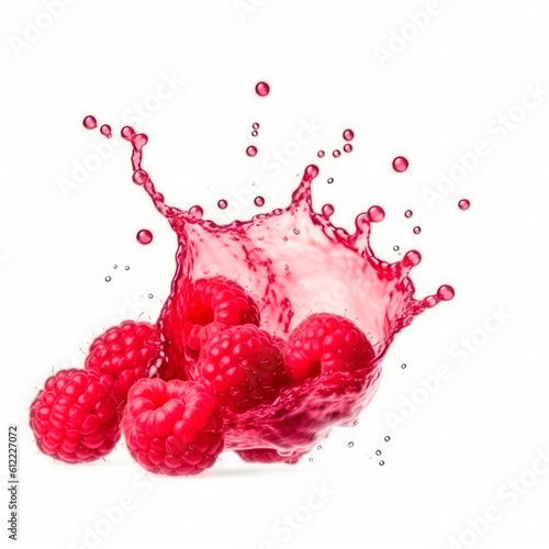 Raspberries into of burst splashes of juices on white. Vector illustration. Generative AI.