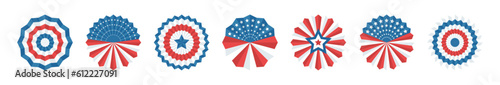 Set of paper fans decorations with American flag for USA independence day. The 4th of July. Isolated vector and PNG illustration on transparent background.