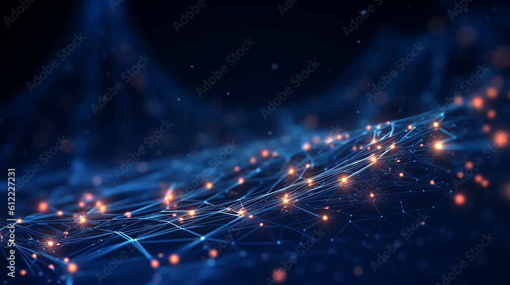 A technology bright stream line connecting dots horizontally, on a dark blue background, generative AI A technology bright stream line connecting dots horizontally, on a dark blue background, generative AI