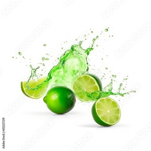 Lime into of burst splashes of juices on white. Vector illustration. , generative AI.