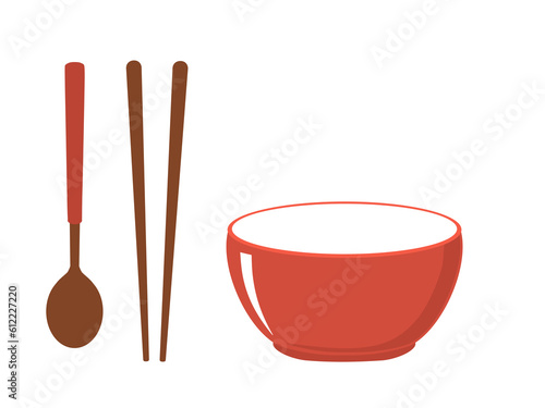 Spoon, chopsticks and red bowl icon sign isolated on white background vector illlustration.