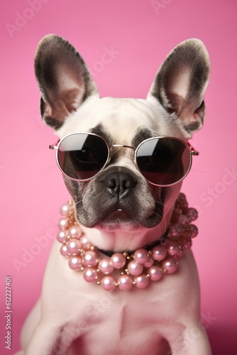 Cool dog with sunglasses and neckless on pink background. Fashionable appearance, be trendy. Style and fashion. Stylish pet. Jewelry, accessories. Generative AI. photo