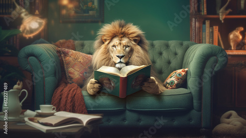 ソファで本を読むライオン、学習とノウハウの概念GenerativeAI