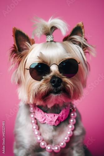 Cool dog with sunglasses and neckless on pink background. Fashionable appearance, be trendy. Style and fashion. Stylish pet. Jewelry, accessories. Generative AI.