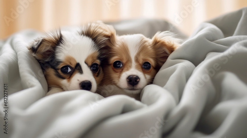 ベッドの上で毛布に入った2匹のかわいい子犬GenerativeAI © enopi