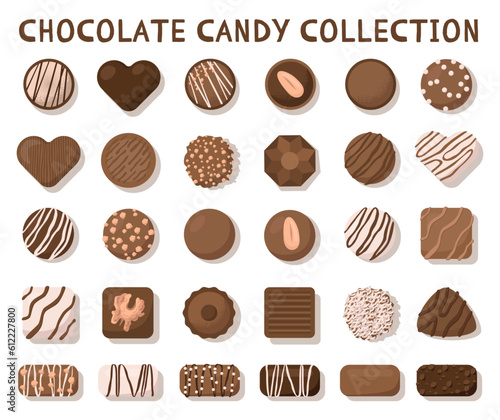 Chocolate candies set. Different shapes and flavors of chocolate