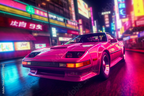 Retro Revival: Classic Car on Tokyo Street, Embracing Retrowave Aesthetics, Generative AI © PaputekWallArt