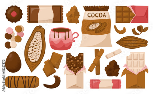 Chocolate set. Different shapes and flavors of chocolate candies, bars
