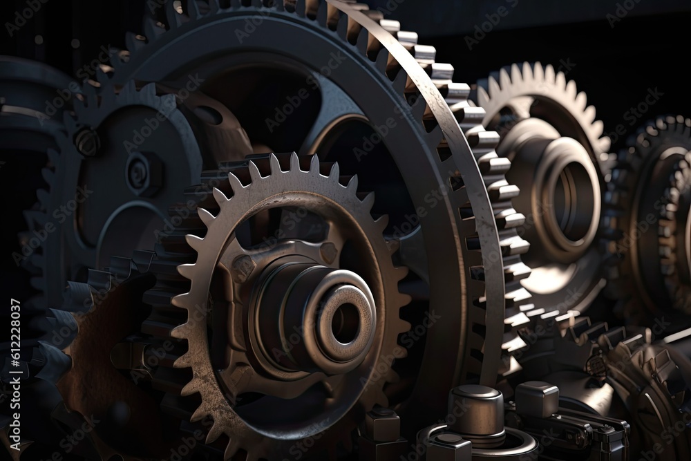 Industrial gears and cogwheels close up. 3D rendering, Realistic industrial engine gear and wheels, AI Generated Industrial gears and cogwheels close up. 3D rendering, Realistic industrial engine gear and wheels, AI Generated