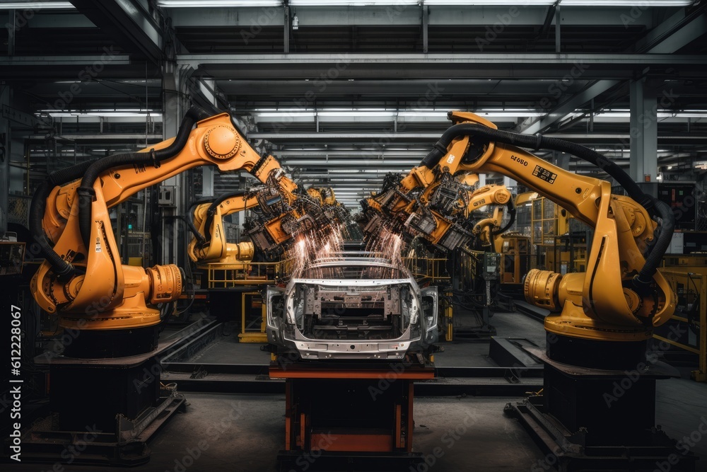Smart industry robot arms for digital factory production line. Concept of artificial intelligence for the industrial revolution. Robotic arms manufacturing cars in a car factory, AI Generated