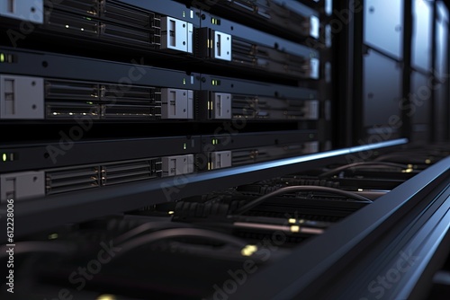 Network servers in data room Domestic Room. 3D rendered Illustration. Realistic server in datacenter close up shot, AI Generated