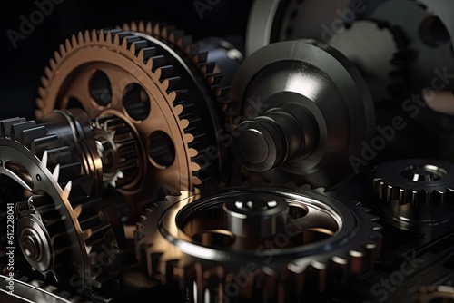 Cogwheels and gears on a dark background. 3d rendering, Realistic industrial engine gear and wheels, AI Generated © Iftikhar alam