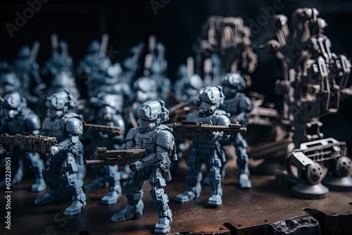 War Concept. Military silhouettes fighting scene. Toy soldiers background. Selective focus, Robot army formation with tactical gears, AI Generated
