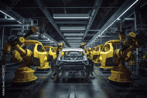 Production line of the factory for the production of automobile cars, Robotic arms manufacturing cars in a car factory, AI Generated © Iftikhar alam