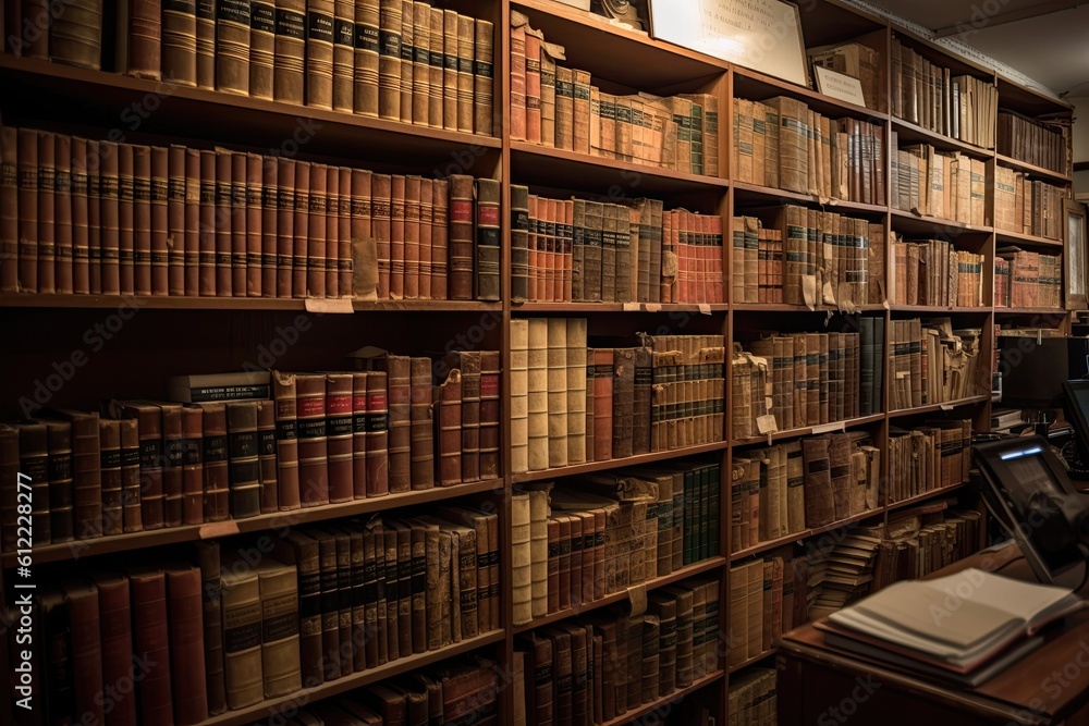 Bookshelves in a library. Bookshelves with books. So many vintage law books on a huge bookshelf, AI Generated Bookshelves in a library. Bookshelves with books. So many vintage law books on a huge bookshelf, AI Generated
