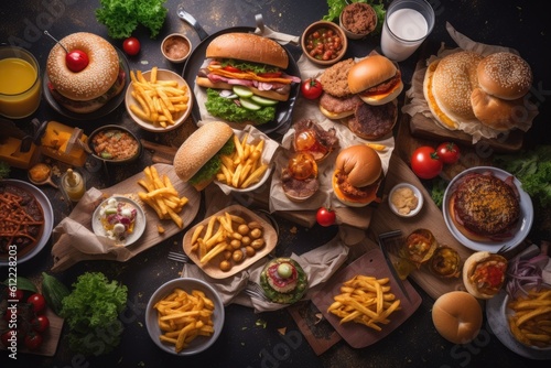 Fast food concept. Set of hamburgers, cheeseburgers, french fries, vegetables and sauces on dark background, So many delicious fast food items on top view on a table, AI Generated