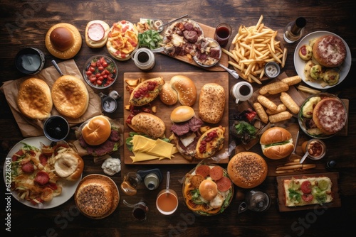 Fast food on a wooden table. Hamburger, cheeseburger, cheeseburger, hamburger, sandwich, cheeseburger, hamburger, cheeseburger, So many delicious fast food items on top view on a table, AI Generated