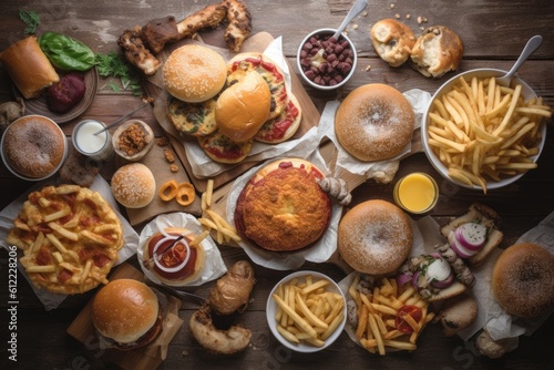 Overhead view of hamburgers and french fries on wooden table, So many delicious fast food items on top view on a table, AI Generated