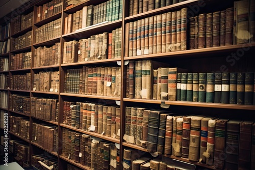 Old bookshelves in a library. Vintage style toned picture, So many vintage law books on a huge bookshelf, AI Generated