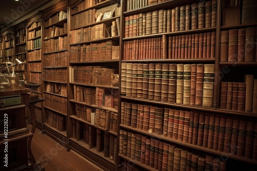 Old bookshelf in the library. Vintage toned image. So many vintage law books on a huge bookshelf, AI Generated