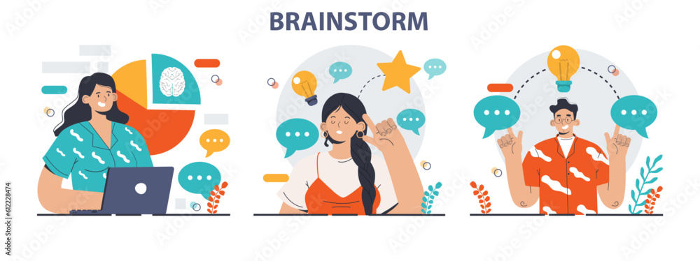 Brainstorm set. New idea generation in a teamwork discussion Brainstorm set. New idea generation in a teamwork discussion
