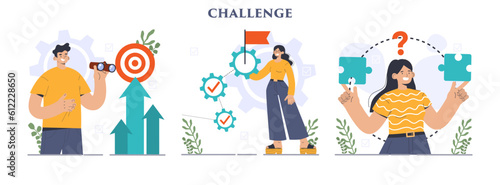Business or professional challenge set. Character overcoming obstacles