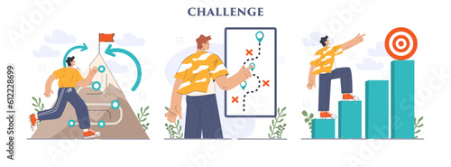Business or professional challenge set. Character overcoming obstacles