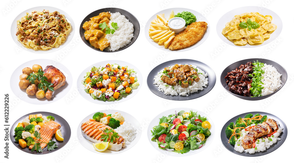 set of various plates of food isolated on a transparent background