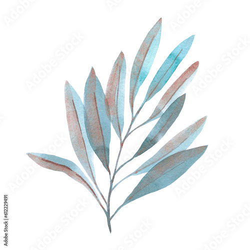 Hand drawn watercolor grey  blue and copper leaves. Isolated on white. Can be used for cards  patterns  invitations  label.