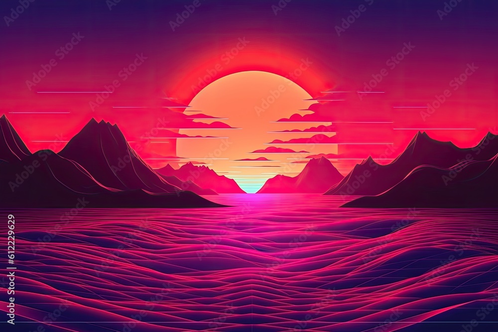 sunset over the sea and mountains, illustration, Synthwave sunset landscape 80s retro synthwave color, AI Generated