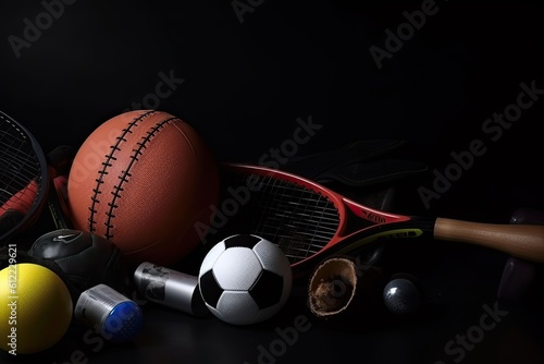 Sport equipment on a black background. Sports equipment on a black background. Sports Equipment on a dark background  AI Generated