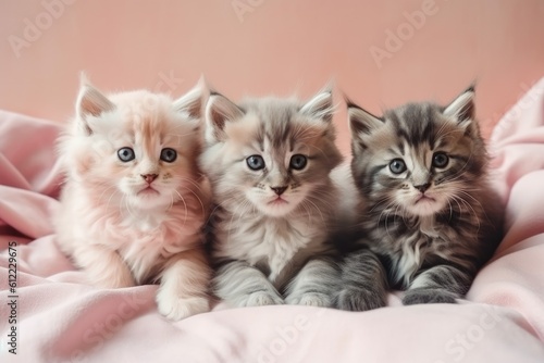 Three pastel gray furry kittens lie on beige background. Generative ai