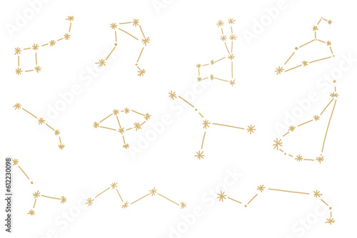 Constellation astrology space zodiac galaxy crescent set collection in golden minimalist simple style doodle for design vector.