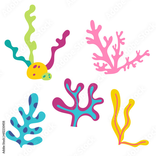 Underwater world seaweed coral reef cartoon game vector set. Printable worksheet page nursery childish activity playful character  fish  seaweed  octopus  cute shark  starfish  crab  squid