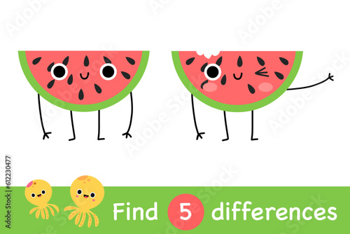 Watermelon find differences cute slices sweet juicy characters puzzle maze game activity worksheet page book cartoon vector art.