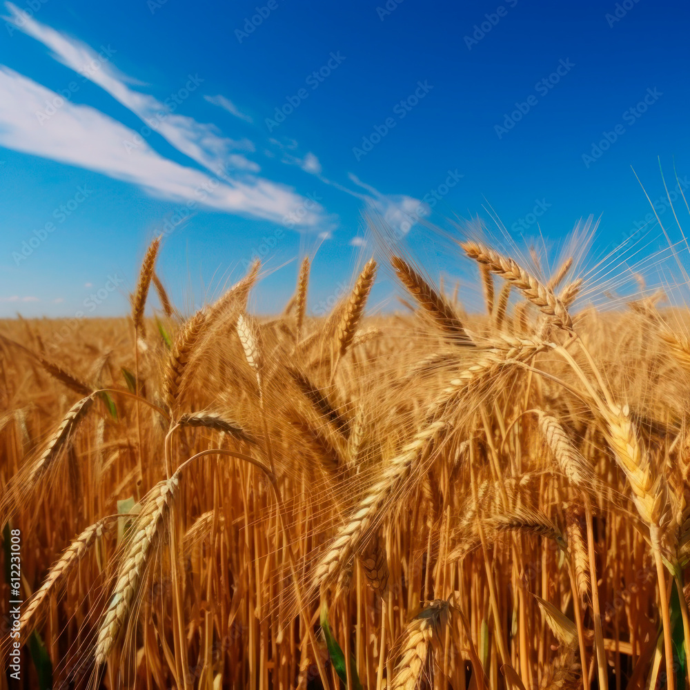 Yellow agriculture field with ripe wheat and blue sky with clouds over it. Field of Southern Ukraine with a harvest. Generative AI. Yellow agriculture field with ripe wheat and blue sky with clouds over it. Field of Southern Ukraine with a harvest. Generative AI.