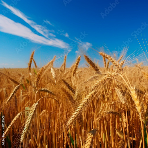 Yellow agriculture field with ripe wheat and blue sky with clouds over it. Field of Southern Ukraine with a harvest. Generative AI.