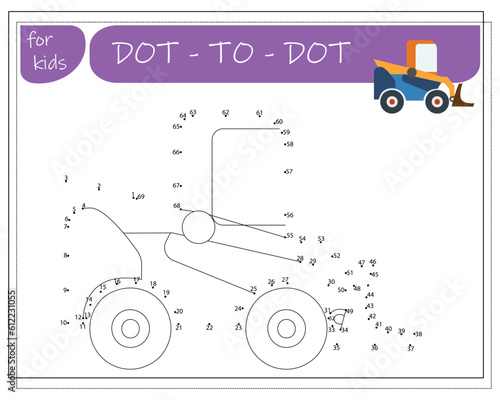 A game with numbers, an educational game from point to point for children, cartoon cars. Vector illustration