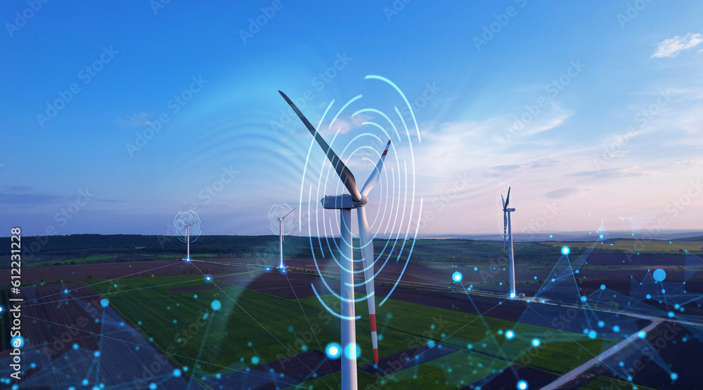 Process of rotating wind energy graphically.Virtual data technology.Green energy power production. - obrazy, fototapety, plakaty 