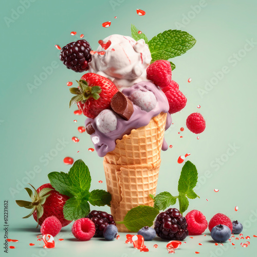 Fresh fruit with scoops of creamy speciality ice cream in assorted flavors with raspberry, berry, blueberry, strawberry and sugar cones. Generative AI.