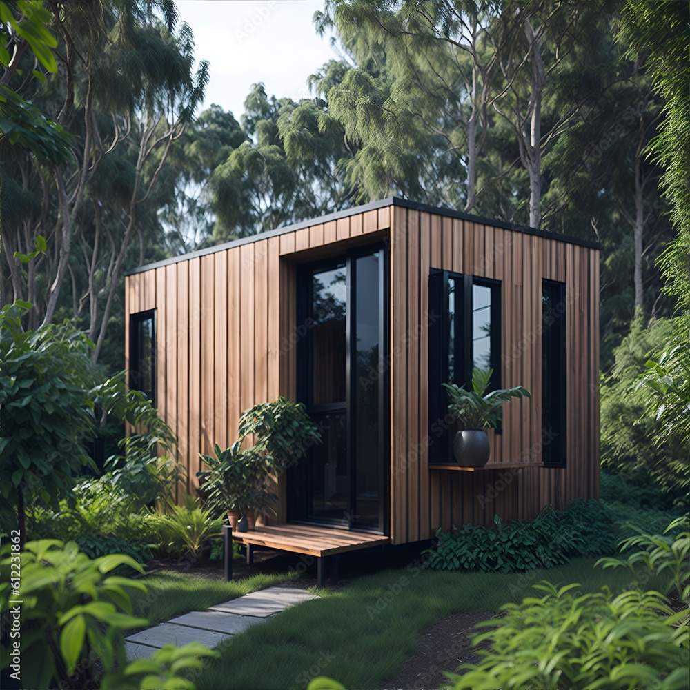 Tiny house in the forest with flat roof and wooden facade 