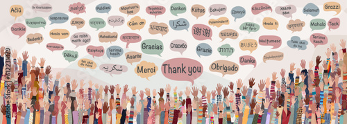 Banner with many raised hands of people diversity from different nations and continents with speech bubbles with text -thank you- in various international languages.Communication.Equal