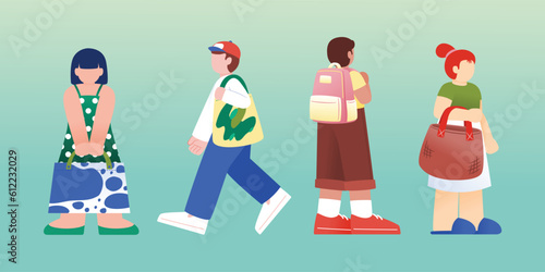 People With Own Bag, Reusable Eco Bag, International Plastic Bag Free Day, Lifestyle, Vector, Illustration
