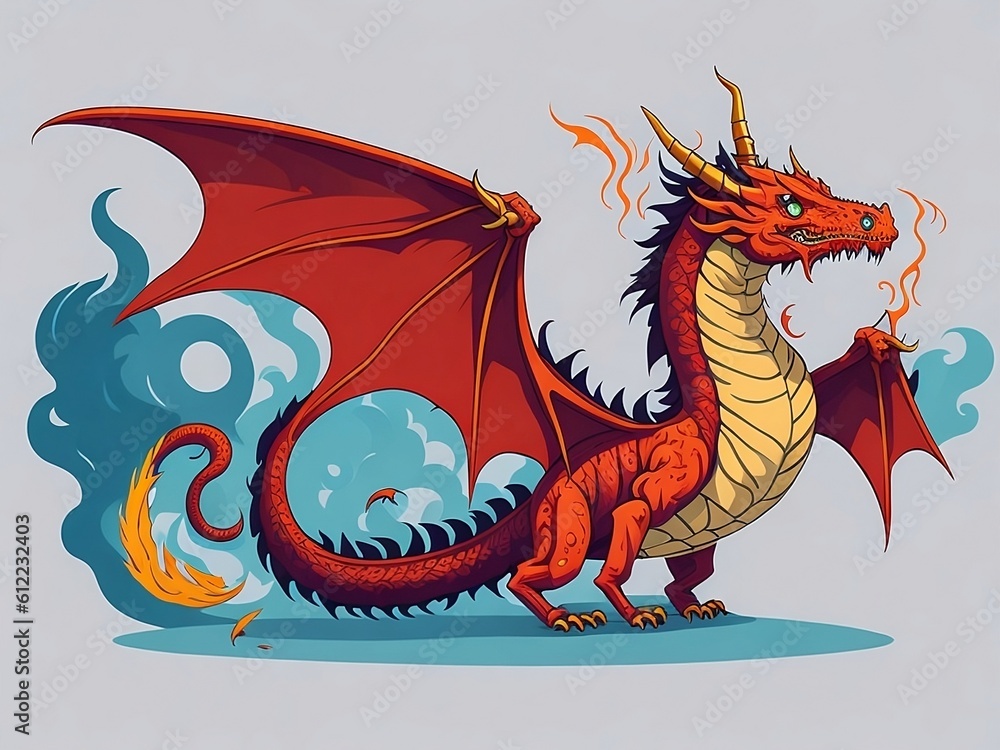 Naklejka premium Fairytale dragon, magic creature with tail and wings. cartoon illustration of fire breathing monsters from medieval mythology, Generative AI, Generative, AI