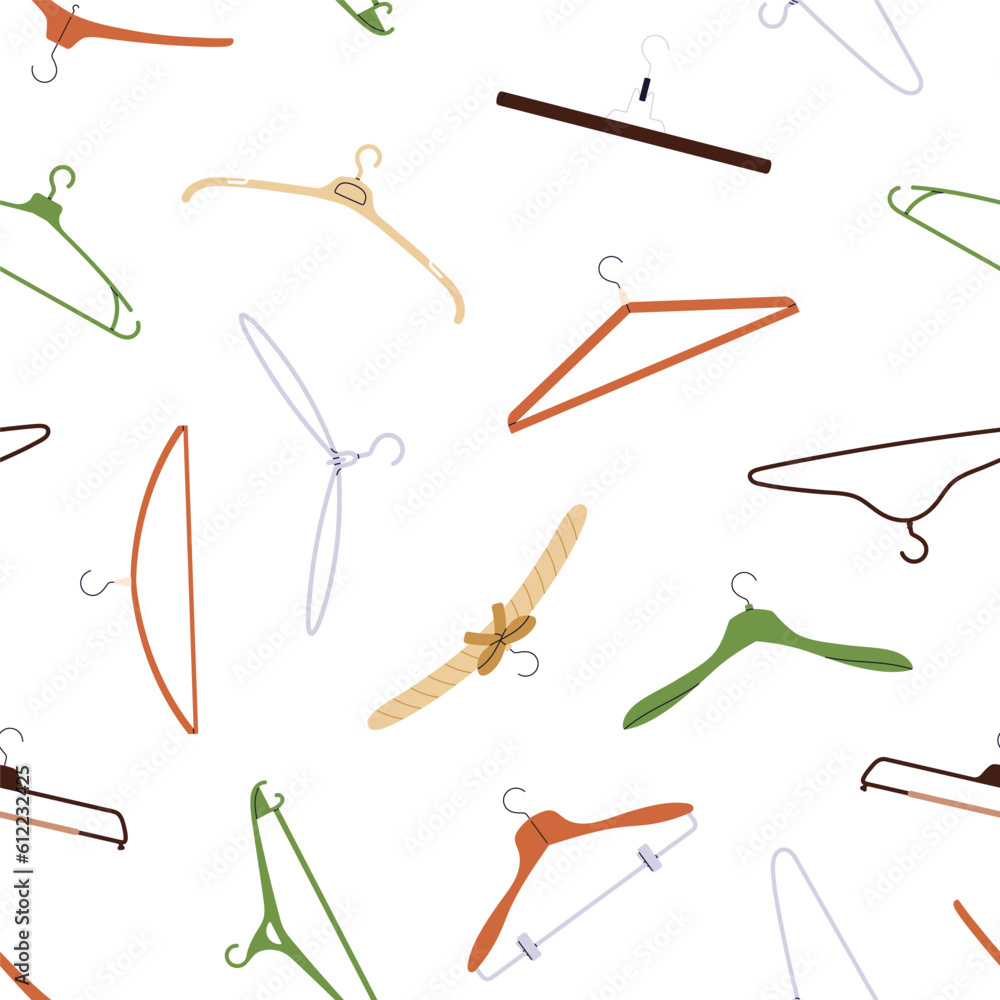 Clothes hangers, seamless pattern design, endless background. Repeating print, printable texture for fashion shop, store wallpaper, decor. Flat vector illustration for textile, fabric, wrapping Clothes hangers, seamless pattern design, endless background. Repeating print, printable texture for fashion shop, store wallpaper, decor. Flat vector illustration for textile, fabric, wrapping