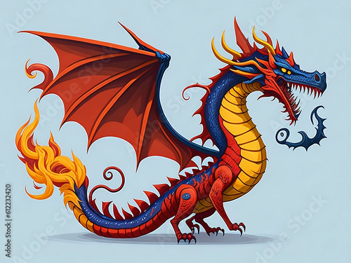 Fairytale dragon, magic creature with tail and wings. cartoon illustration of fire breathing monsters from medieval mythology, Generative AI, Generative, AI