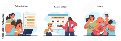 Career guidance for children set. Parents helping their kid to define